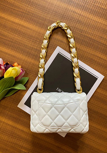 Adele Flap Small Lambskin Chain Bag White