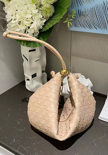 Dina U Gold Ball Woven Leather Shoulder Bag Beige