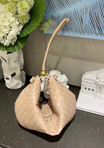 Dina U Gold Ball Woven Leather Shoulder Bag Beige