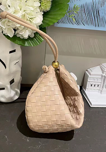 Dina U Gold Ball Woven Leather Shoulder Bag Beige