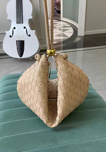 Dina U Gold Ball Woven Leather Shoulder Bag Beige