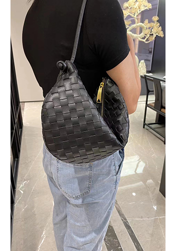 Dina U Gold Ball Woven Leather Shoulder Bag Black