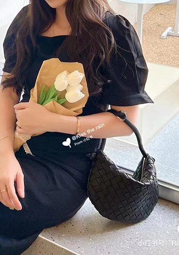 Dina U Gold Ball Woven Leather Shoulder Bag Black
