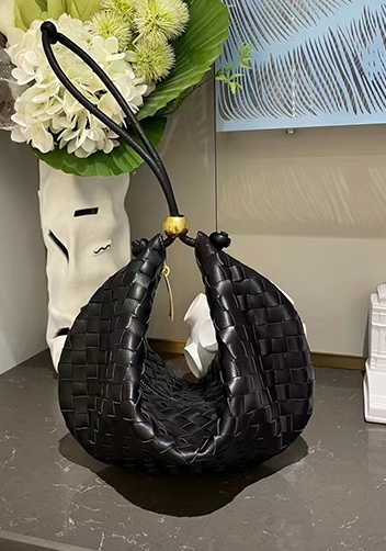 Dina U Gold Ball Woven Leather Shoulder Bag Black