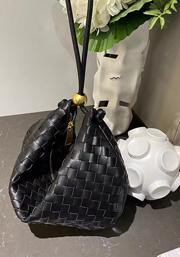 Dina U Gold Ball Woven Leather Shoulder Bag Black