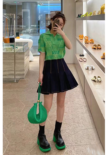 Dina U Gold Ball Woven Leather Shoulder Bag Green