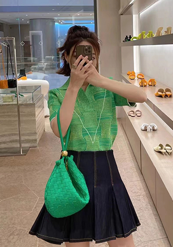 Dina U Gold Ball Woven Leather Shoulder Bag Green