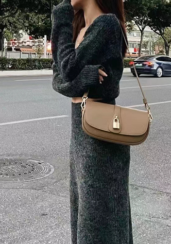 Anathema Calfskin Padlock Clutch On Strap Bag Apricot