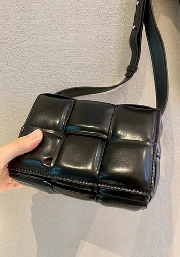 Mia Plaid Square Leather Shoulder Mini Bag Black