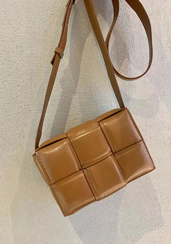 Mia Plaid Square Leather Shoulder Mini Bag Camel
