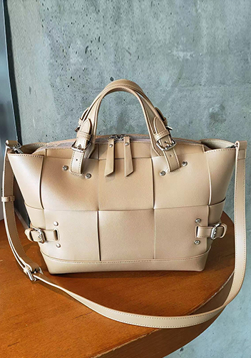 Mia Woven Medium Leather Shoulder Bag Beige