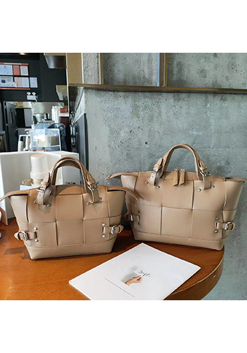 Mia Woven Medium Leather Shoulder Bag Beige