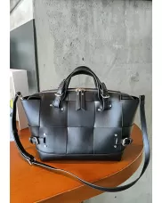 Mia Woven Medium Leather Shoulder Bag Black