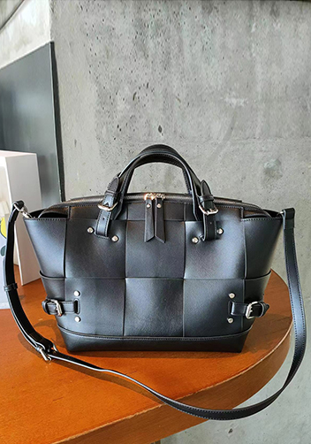 Mia Woven Medium Leather Shoulder Bag Black