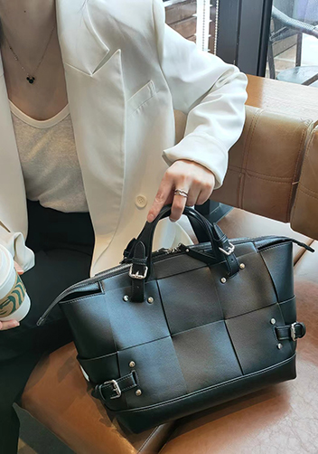 Mia Woven Medium Leather Shoulder Bag Black