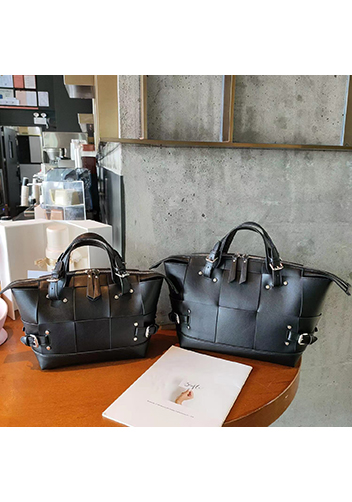 Mia Woven Medium Leather Shoulder Bag Black