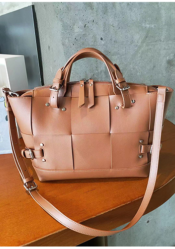 Mia Woven Medium Leather Shoulder Bag Camel