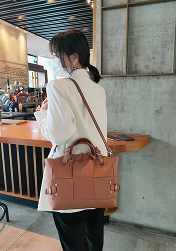 Mia Woven Medium Leather Shoulder Bag Camel