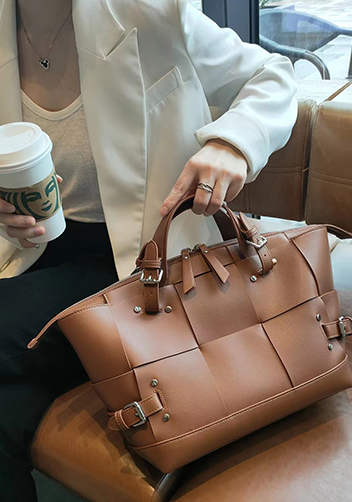 Mia Woven Medium Leather Shoulder Bag Camel