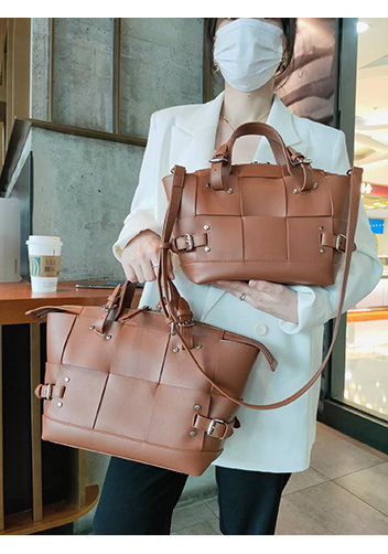 Mia Woven Medium Leather Shoulder Bag Camel