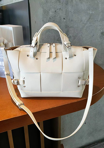 Mia Woven Medium Leather Shoulder Bag Cream