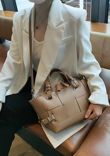Mia Woven Small Leather Shoulder Bag Beige