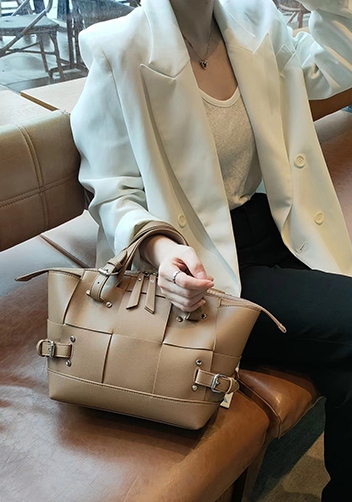 Mia Woven Small Leather Shoulder Bag Beige
