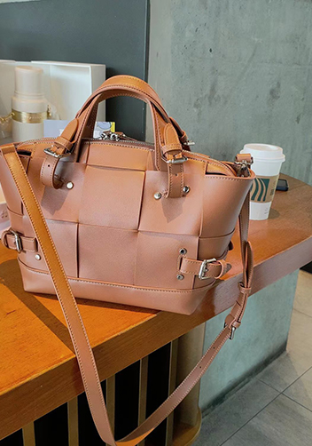 Mia Woven Small Leather Shoulder Bag Camel