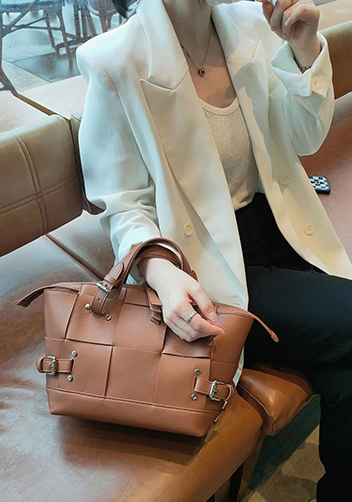 Mia Woven Small Leather Shoulder Bag Camel