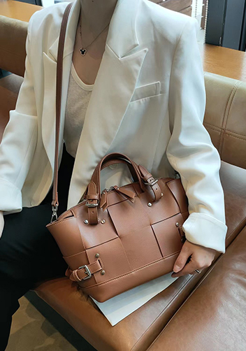 Mia Woven Small Leather Shoulder Bag Camel