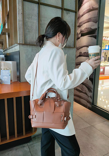 Mia Woven Small Leather Shoulder Bag Camel