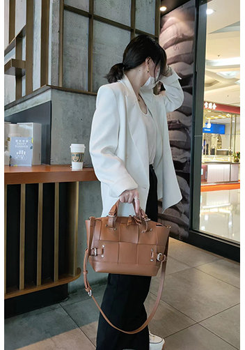 Mia Woven Small Leather Shoulder Bag Camel