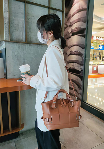 Mia Woven Small Leather Shoulder Bag Camel