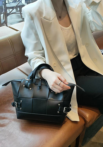 Mia Woven Small Leather Shoulder Bag Black