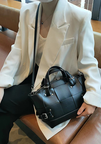 Mia Woven Small Leather Shoulder Bag Black