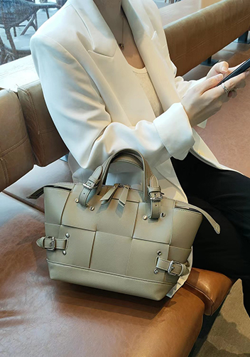 Mia Woven Small Leather Shoulder Bag Khaki