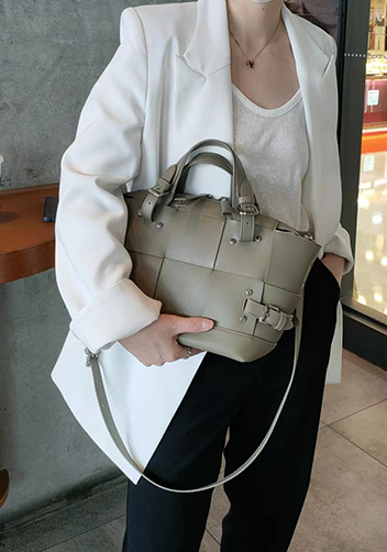 Mia Woven Small Leather Shoulder Bag Khaki