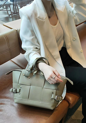 Mia Woven Small Leather Shoulder Bag Khaki