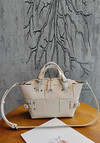 Mia Woven Small Leather Shoulder Bag Cream