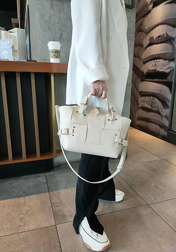 Mia Woven Small Leather Shoulder Bag Cream