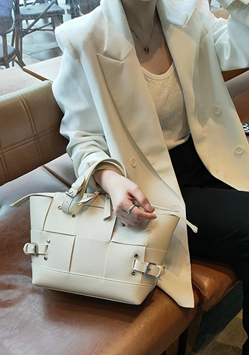 Mia Woven Small Leather Shoulder Bag Cream
