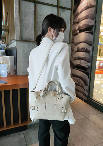 Mia Woven Small Leather Shoulder Bag Cream