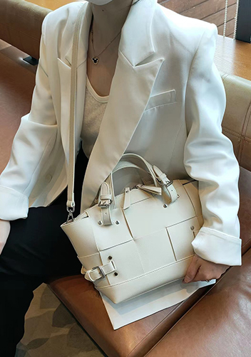 Mia Woven Small Leather Shoulder Bag Cream