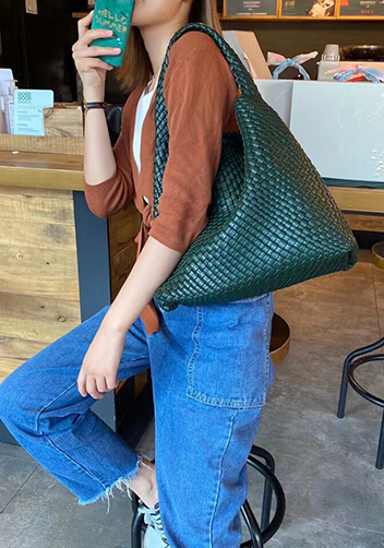 Mia Hobo Woven Single Handle Tote Dark Green