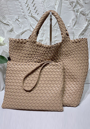 Mia Woven Tote With Pochette Beige