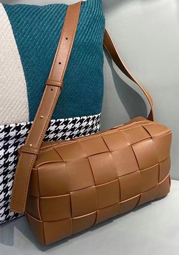 Mia Woven Smooth Leather Shoulder Bag Camel