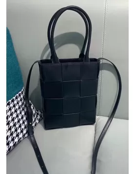 Mia Woven Smooth Leather Shoulder Tote Black