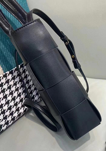 Mia Woven Smooth Leather Shoulder Tote Black
