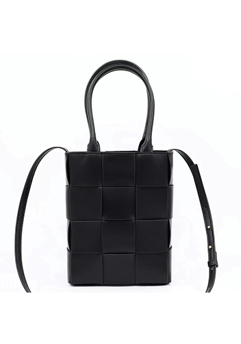 Mia Woven Smooth Leather Shoulder Tote Black