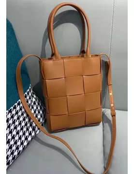 Mia Woven Smooth Leather Shoulder Tote Camel